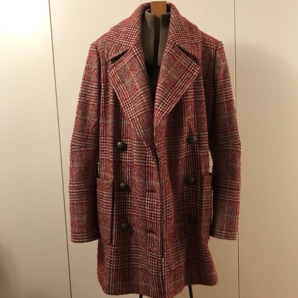 Free People red & grey double breast plaid coat